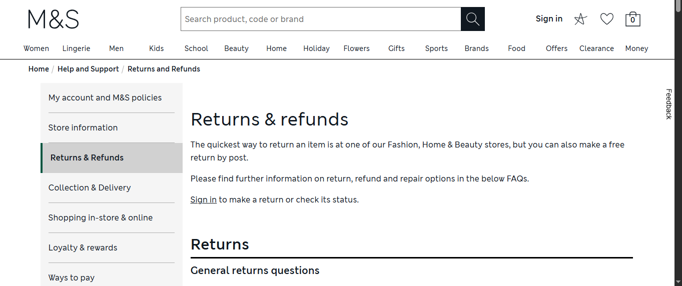 Marks and Spencer Returns