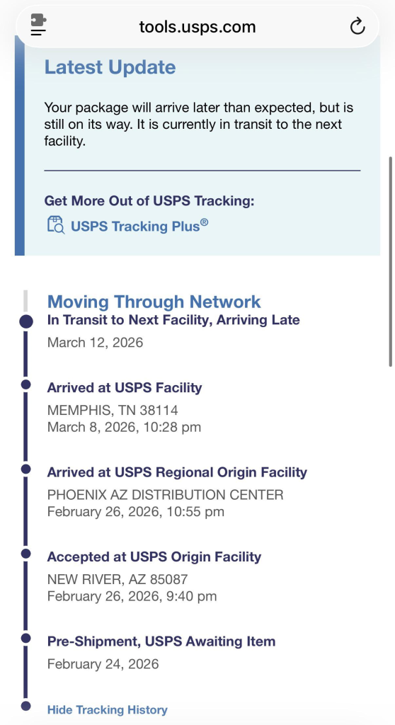 USPS In Transit To Next Facility, Arriving Late