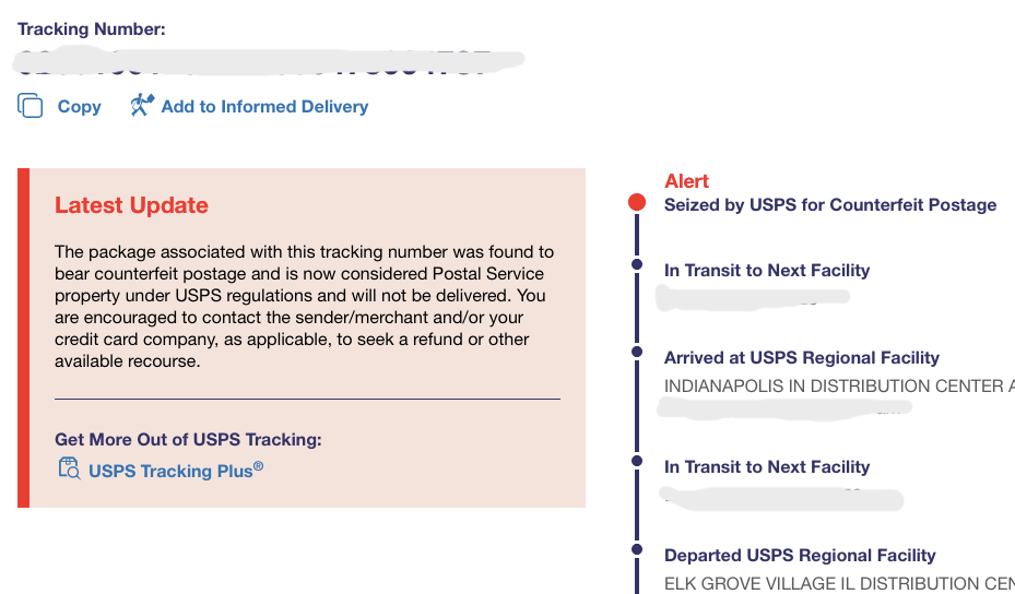 seized by usps for cntrft pstg