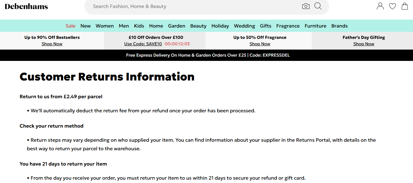 Debenhams Return Policy