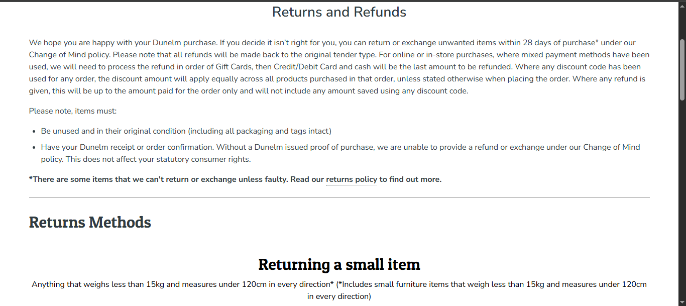 Dunelm returns policy