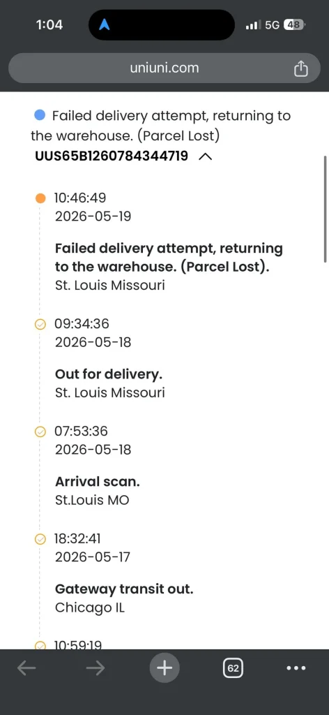 Failed delivery attempt, returning to the warehouse [Parcel lost] UniUni