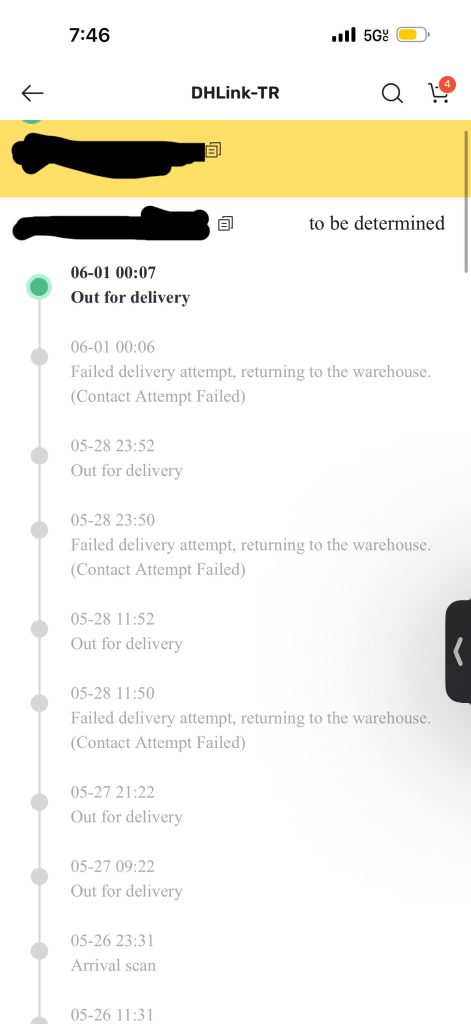Failed delivery attempt, returning to the warehouse [contact attempt failed]