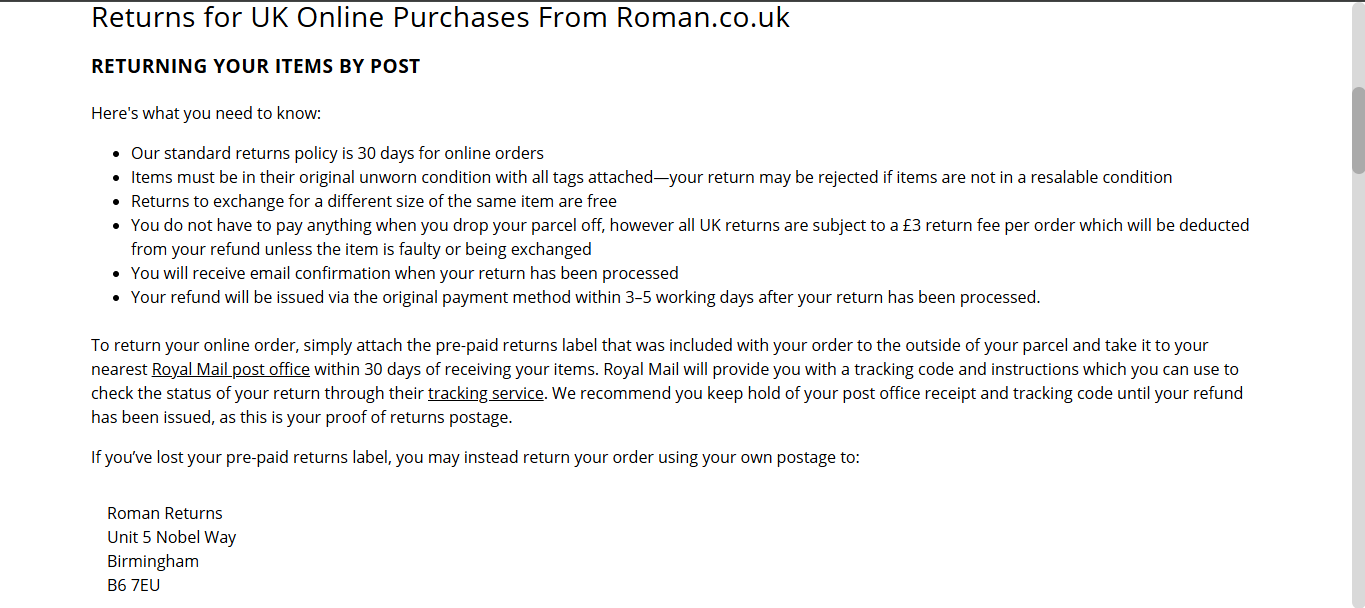 Roman Returns Policy