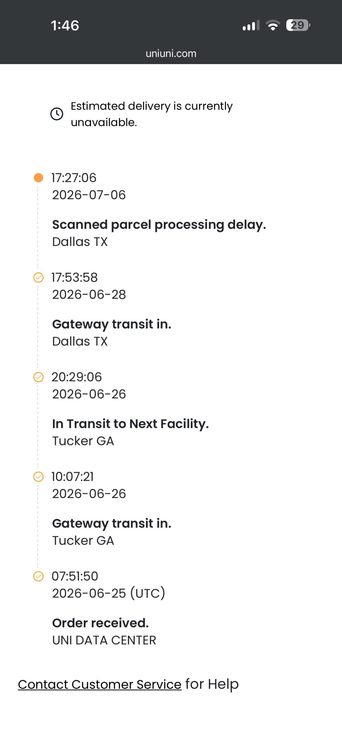 Scanned Parcel Processing Delay Meaning On UniUni