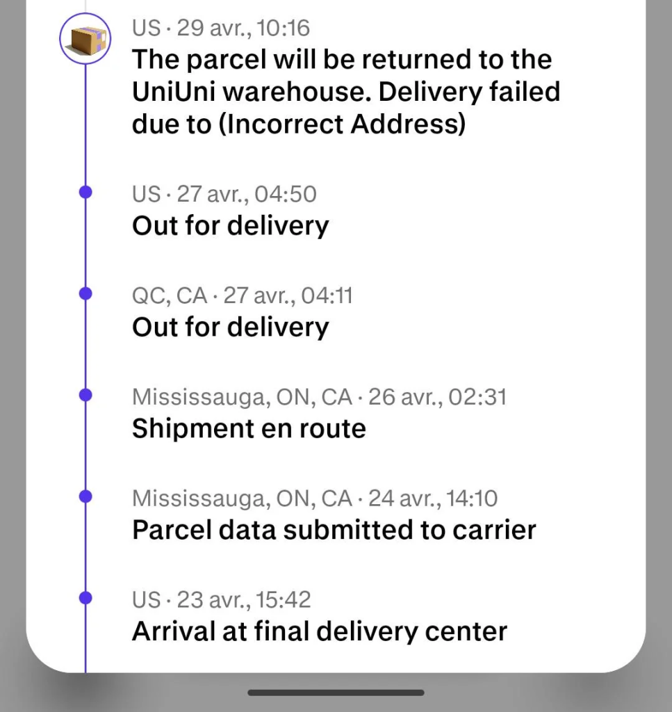 "The parcel will be returned to the UniUni Warehouse. Delivery failed due to [Incorrect Address]"